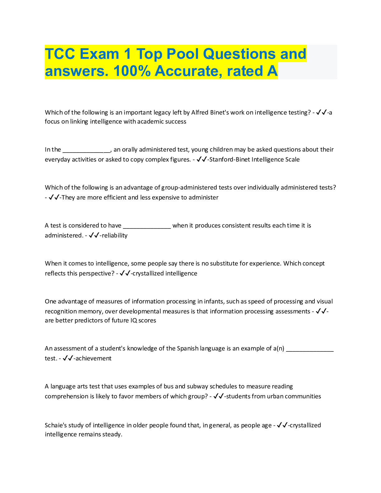 Preview image for TCC Exam 1 Top Pool Questions and  answers. 100% Accurate, rated A